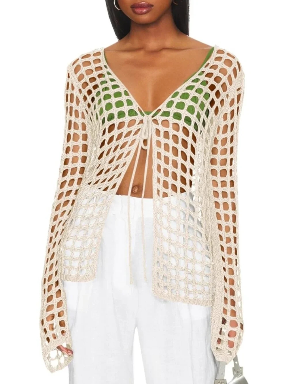 Chic Women's Long Sleeve Crochet Swim Cover-Up, Hollow Out Tie Front Cardigan